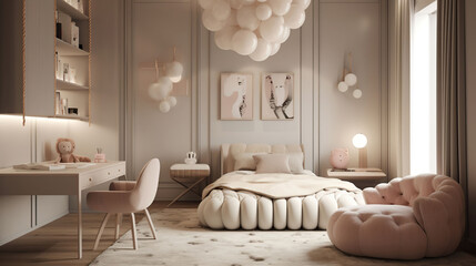 Cinematic, hyper realistic render of minimalist luxury kids bedroom villa. Generative AI