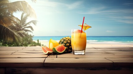 Summer tropical beach background with fresh juice coctail and fruits - obrazy, fototapety, plakaty