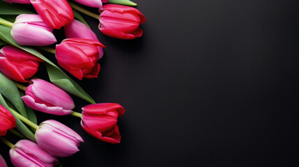 Spring tulip flowers on black background top view in flat lay style. Greeting for Women or Mothers Day or Spring Sale Banner.AI Generative