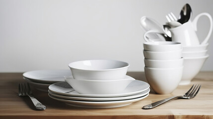Fototapeta na wymiar Elegant Simplicity, White Dishware and Cutlery Adorn a Rustic Wooden Table. Generative AI