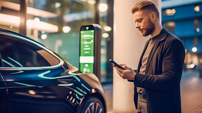 a man stands with his car at a charging station and operates it with his cell phone, generative AI