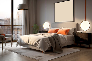 Wooden bedroom and canvas over bed with linens, beige walls and window. AI Generative