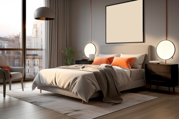 Fototapeta premium Wooden bedroom and canvas over bed with linens, beige walls and window. AI Generative