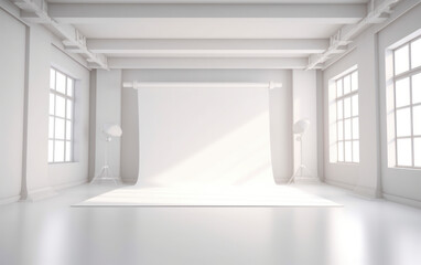 Fototapeta premium Modern Interior of Photo Studio with white background. AI Generative
