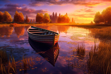 boat on the lake at sunset in the style of vibrant color fie, Generative AI