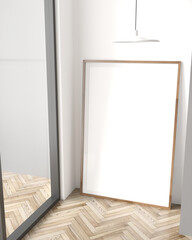 Blank vertical photo poster wooden mockup frames on simple parquet room floor creamy white walls Natural light from the window. 3D render