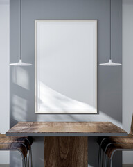 Set wooden tables, chairs, cream white walls. Blank wooden vertical photo frame mockup gray wall backdrop simple ceiling lamp natural light shines The shadow fell on the wooden floor. 3D render