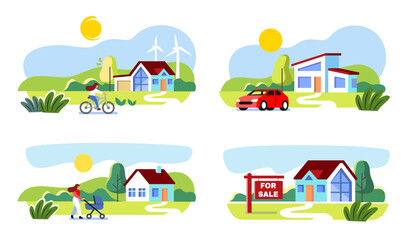 House. Flat Design rural Landscape. Nature hill with people