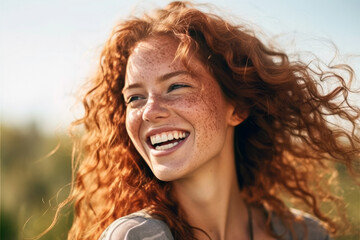 Closeup portrait of a beautiful young red-haired woman, her candid laughter radiating joy and a sense of vitality in a natural setting, generative ai - obrazy, fototapety, plakaty