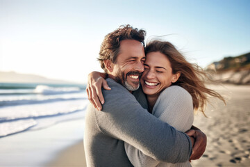 Joyful couple, a man and woman, sharing a loving hug on a beach, reflecting their lifestyle of vacation and wealth, generative ai