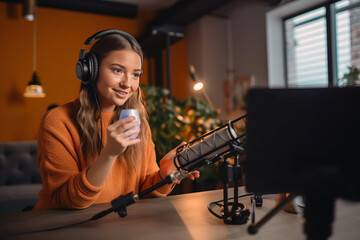 Young female influencer recording a candid video for social media, capturing her lifestyle and setting the latest trends, content creator generative ai