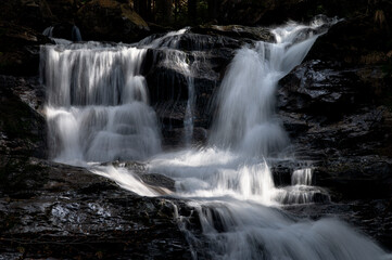 Spring waterfall in the Bavarian Forest with stones