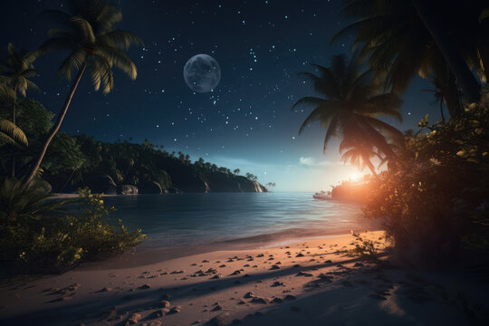 Romantic Night Scene Beautiful Fantasy tropical beach, Generative AI