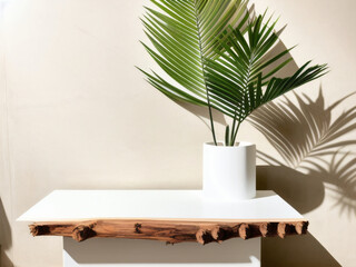 Modern Counter Table with Tropical Plant and Sunlight, Luxury Organic Cosmetic Display with White Marble Table and Monstera Plant, Wooden table, Generative AI