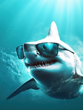 A Real Shark Cool With Black Sunglasses. Generative AI