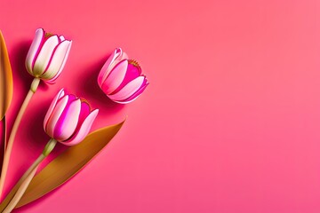 Spring Tulip Flowers Flat Lay on Pink Background Generative AI