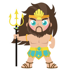 Cute clipart of Poseidon God of the sea, storms, horses, and earthquakes on a white background. Cute cartoon Greek gods isolated on white background for packing paper, fabric, postcard, clothing, card