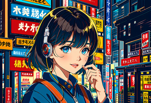 girl, city, tokyo, japan, short hair, anime, cartoon, city pop, AI art
