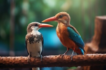 Fototapeta premium Adult and Juvenile of Stork-billed Kingfisher, lovely brown. Generative AI