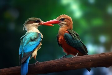 Obraz premium Adult and Juvenile of Stork-billed Kingfisher, lovely brown. Generative AI