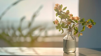 Flower in bottle glass on top table with lighting from windows. Generative AI illustrations