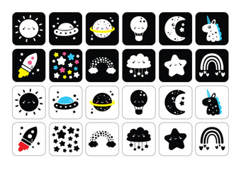 Adorable full editable montessori flashcards set of cute illustration inspired by dreamy world. Icons such as unicorn, moon, stars, rocket, ufo and more. © Michaela Pilch