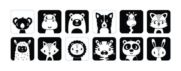 Adorable black and white montessori flashcards (sensory cards) with animals.	
