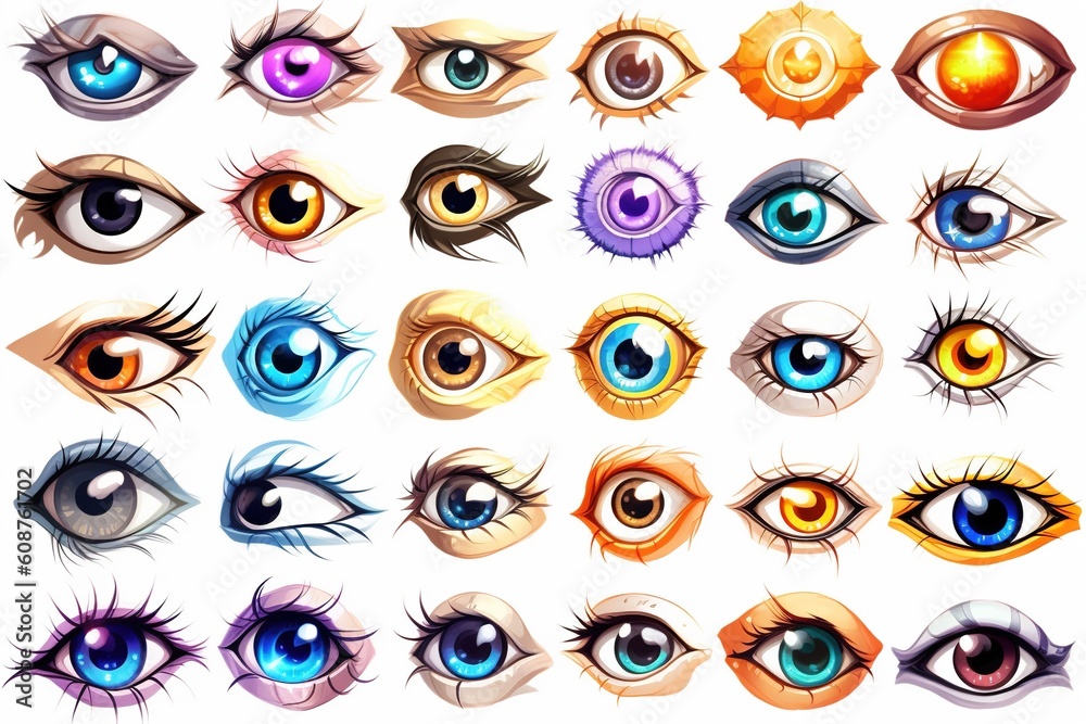 Poster set of drawn eyes isolated on white background. Generated by AI.