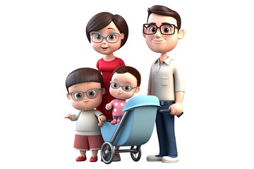 3D cartoon, academic family, nerd family. Young parents with two children isolated on transparent or white background. Generative AI