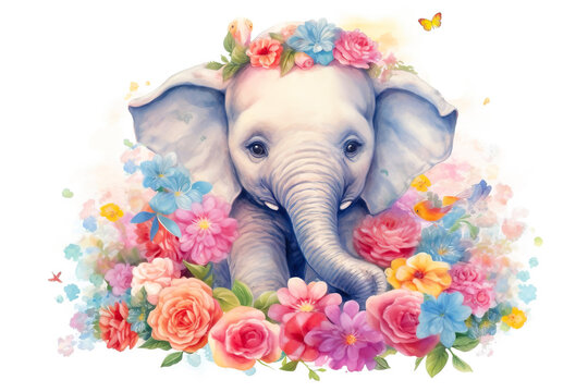 drawing baby elephant with flowers isolated on white background. Generated by AI.