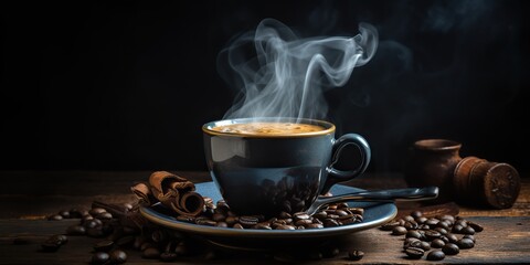 Fototapeta premium AI Generated. AI Generative. Morning breakfast coffee cup mug with plate beans abd aroma smoke. Graphic Art