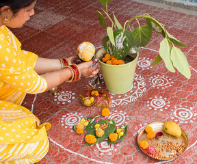 a married lady doing vat savitri puja. 