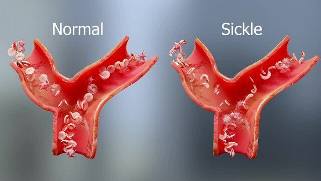 Sickle cell anemia disease, medically accurate 3d animation of sicklecell, blood vessel with normal red blood cells and sickled red blood cells, Normal hemoglobin and deformated crescent, 3d render