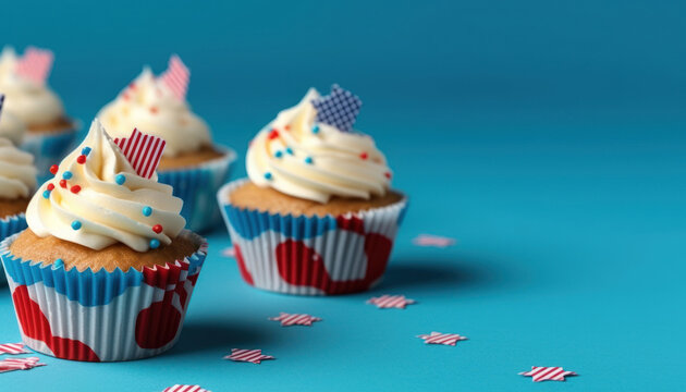 Cup cakes decorated in red white and blue for 4th July celebration. Generative AI
