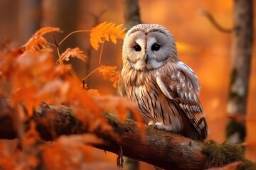 Autumn's Wisdom: Ural Owl Contemplates in Nature's Palette. Generative AI