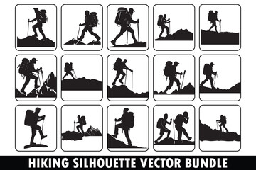Hiking silhouette vector bundle, Adventure silhouette vector bundle, Outdoor activity vector bundle, Nature exploration vector pack, Mountain hiking silhouette