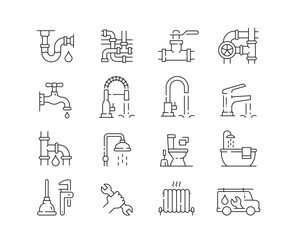 Plumbing Icon collection containing 16 editable stroke icons. Perfect for logos, stats and infographics. Edit the thickness of the line in Adobe Illustrator (or any vector capable app).