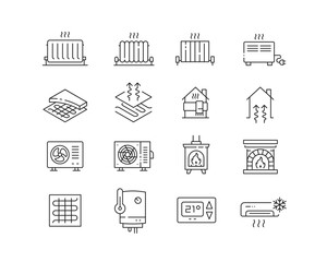 Home Heating  Icon collection containing 16 editable stroke icons. Perfect for logos, stats and infographics. Edit the thickness of the line in Adobe Illustrator (or any vector capable app).