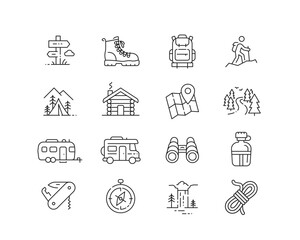 Outdoor Adventure Icon collection containing 16 editable stroke icons. Perfect for logos, stats and infographics. Edit the thickness of the line in Adobe Illustrator (or any vector capable app).
