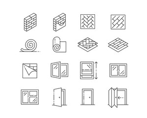 Walls, Floors, Windows and Doors Icon collection containing 16 editable stroke icons. Perfect for logos, stats and infographics. Edit the thickness of the line in any vector capable app.