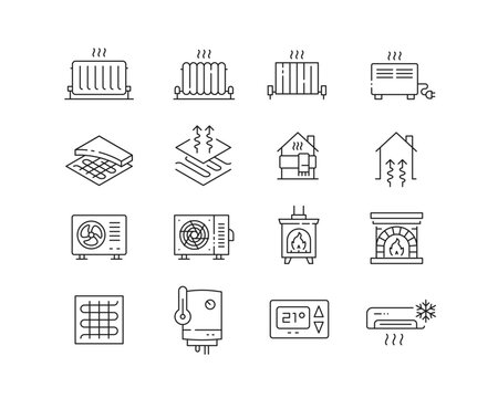 Home Heating  Icon collection containing 16 editable stroke icons. Perfect for logos, stats and infographics. Edit the thickness of the line in Adobe Illustrator (or any vector capable app).
