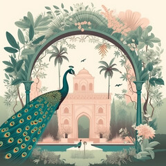 Traditional Mughal garden arch with peacock, plants and birds