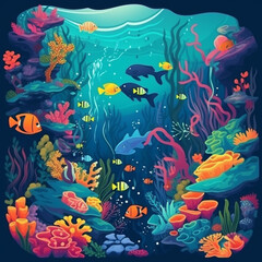 Fototapeta na wymiar Underwater Reef Illustration With Colorful Coral And Marine Life