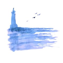 Lighthouse and sea watercolor blue monochromatic illustration for cards, postcards, design, art, wallpaper, background etc.