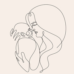 Line art woman face with baby. Minimalist  Abstract Female A woman holds her baby. Continuous one-line drawing with color spots, and flowers. Vector draw illustration. Happy Mother's day card. 