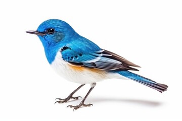 Obraz premium Beautiful blue bird, the Ultramarine Flycatcher, isolated on a white background. Generative AI