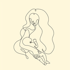 Mothers Day line art. Solid line,continuous one line drawing. Mother holding her baby . Continuous line art vector.Happy Mothers Day concept.