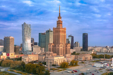 Palace of Culture and Science at sunrise, Warsaw city downtown, Poland. - obrazy, fototapety, plakaty