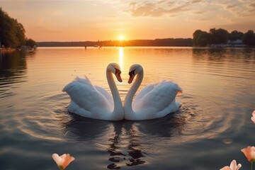 Fototapeta premium White swan gracefully swimming in the shape of a heart on a serene lake during sunset. Love birds. Generative AI
