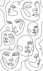 Woman Line Art Minimalist wallpaper. Modern Textile illustration. F Feminine Illustration line drawing. Woman's faces pattern seamless